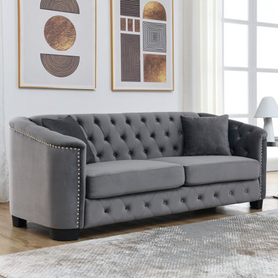 77-Inch Modern Chesterfield Velvet Sofa, 3-Seater with Tufted Backrests, Nailhead Arms, and 2 Cushions for Elegant Living Spaces