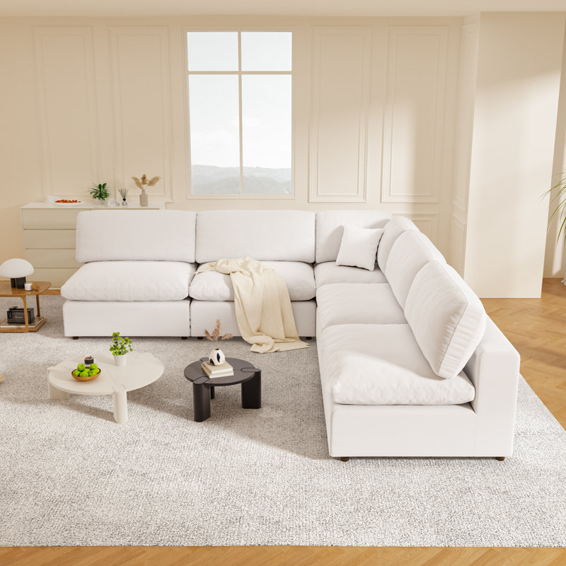 Canapé modulaire rembourré 5 pièces Jossa, Mélange de lin blanc