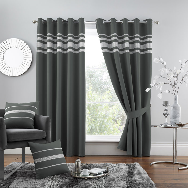 Kendal Decorative Blackout Curtain Panels with Glitter Stripe Eyelet Ring Top, Thermal Insulated Polyester Window Drapes for Living Room Bedroom