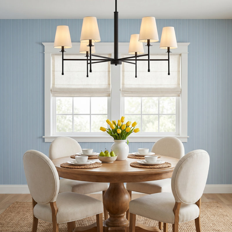 Icarus Modern Black 6-Light Chandelier with White Fabric Shades, Matte Black