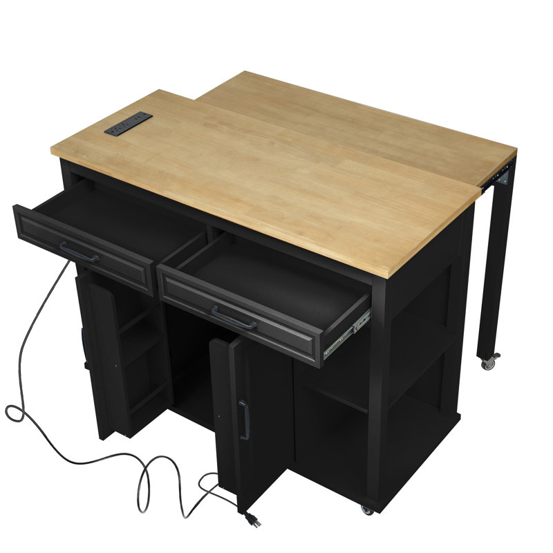 Îlot de cuisine 47 pouces avec table de salle à manger extensible, Noir