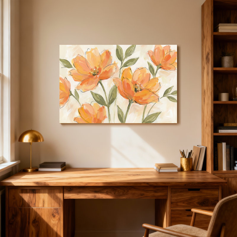 Plantes et fleurs Fleurs orange avec motif de feuilles vertes, H 24 po x l 36 po