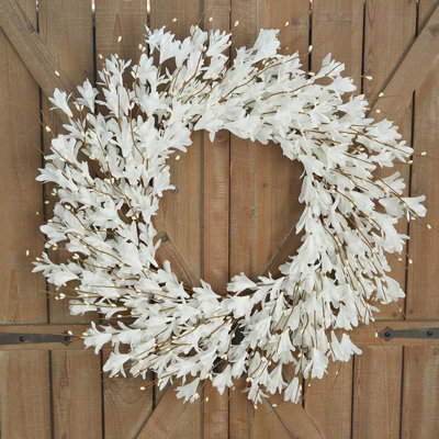 Forsythia Flower Wreath - White - Artificial Silk Leaf Wreath For Front Door, Porch, Patio, Or Garden, Spring, Summer, And Fall Decor