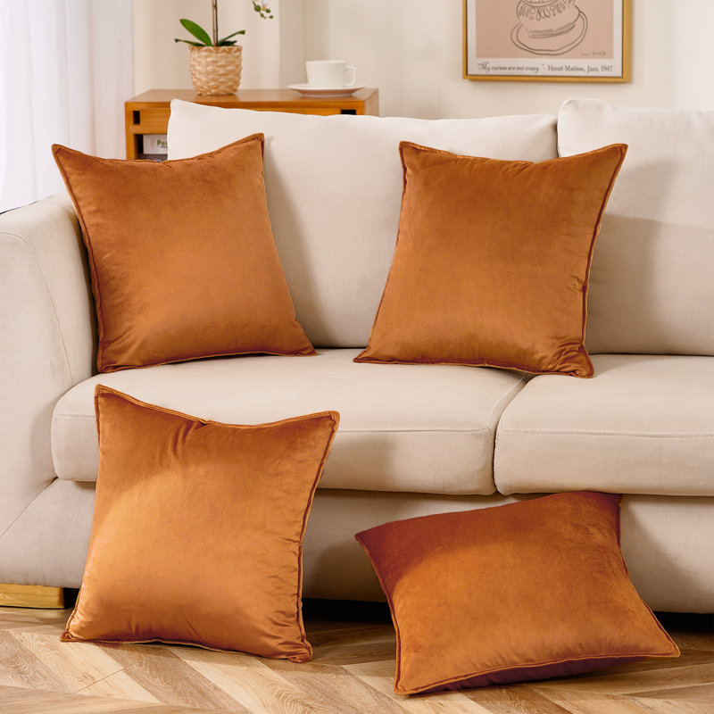 Set Of 4 Throw Velvet Cushion Covers, 22"H x 22"W, Copper Rust