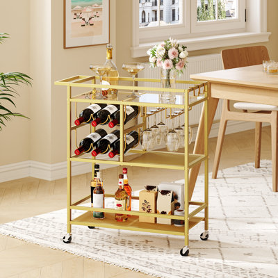 3-Tier Serving Bar Cart with Wheels and Glass Holders