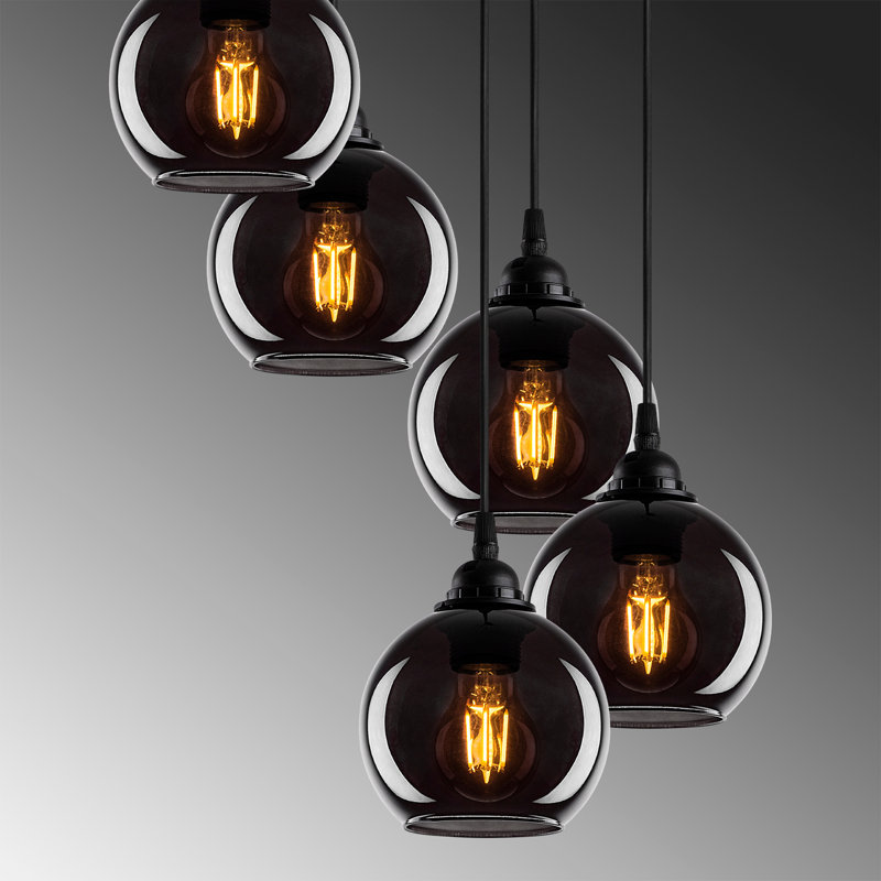 Lustre industriel scandinave, couleur fumée, 19,7 po x 19,7 po | Hauteur réglable 44,9 pouces | Corps en métal avec capuchon en verre, 5 x douilles E27 (40 W maximum) | Conception nostalgique pour les salons et salles à manger modernes, indice de protection IP20