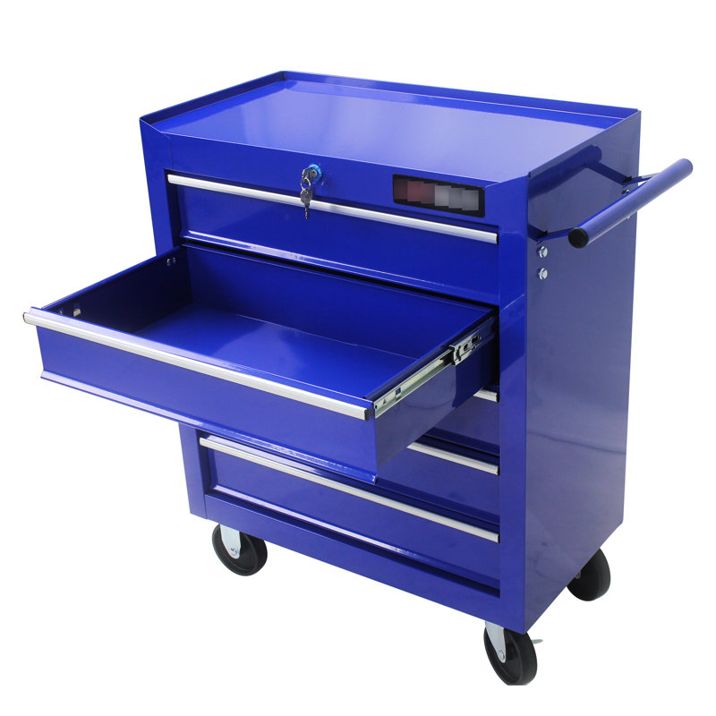 Coffre à outils à 5 tiroirs avec serrure et 4 roulettes pivotantes, supports à roulettes bleues, pour le rangement, Bleu