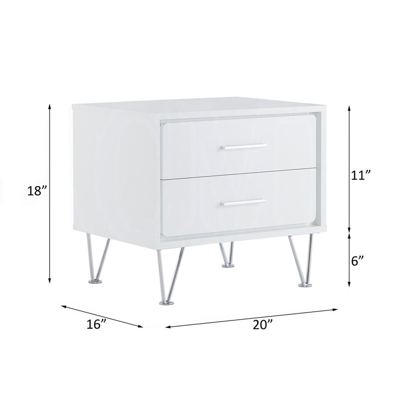 Table de chevet 2 tiroirs avec base blanche et pieds en métal - Table de chevet rectangulaire