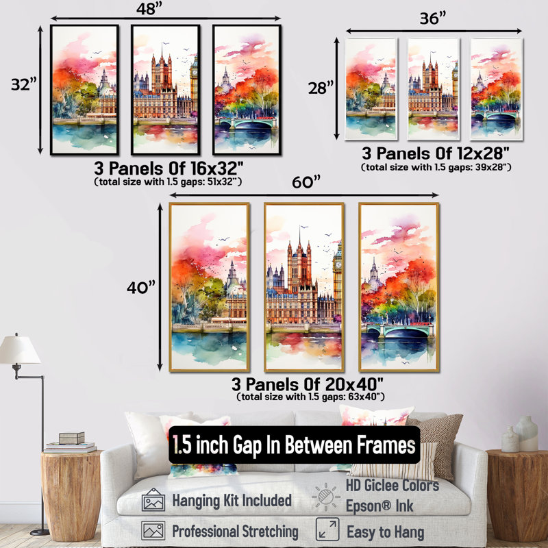 Big Ben London Skylines At Sunset II - City London, art mural, Cadre flottant noir, H 28 po x l 36 po