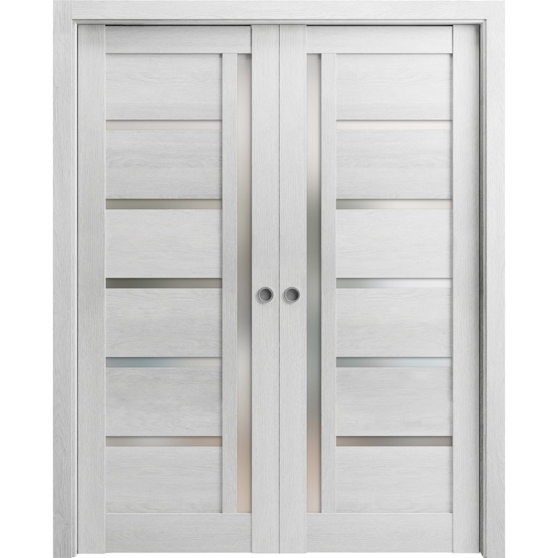 Panelled Wood Quadro Sliding Closet Doors, 64" x 80", Light Grey Oak