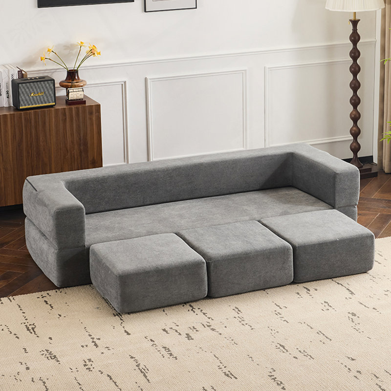 Chenille Convertible Sectional Sofa Sleeper with 3 Ottomans, Grey Chenille