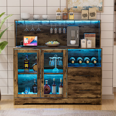 Bar Cabinet With Wine Rack, Liquor Cabinet With Rgb Light, Coffee Bar Cabinets With Usb Power Outlet, Home Wine Cabinets With Glass Holder, Kitchen Mi by Gracie Oaks