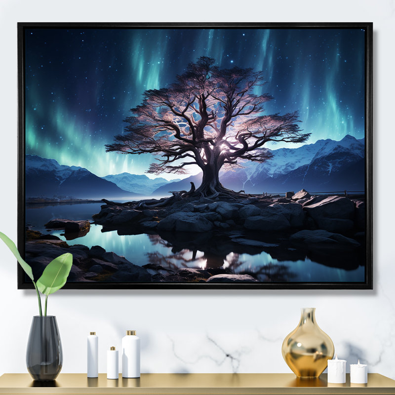 «Blue and Pink Tree In Northern Lights II», art mural arbre, Cadre flottant noir, H 16 po x l 32 po x P 1 po