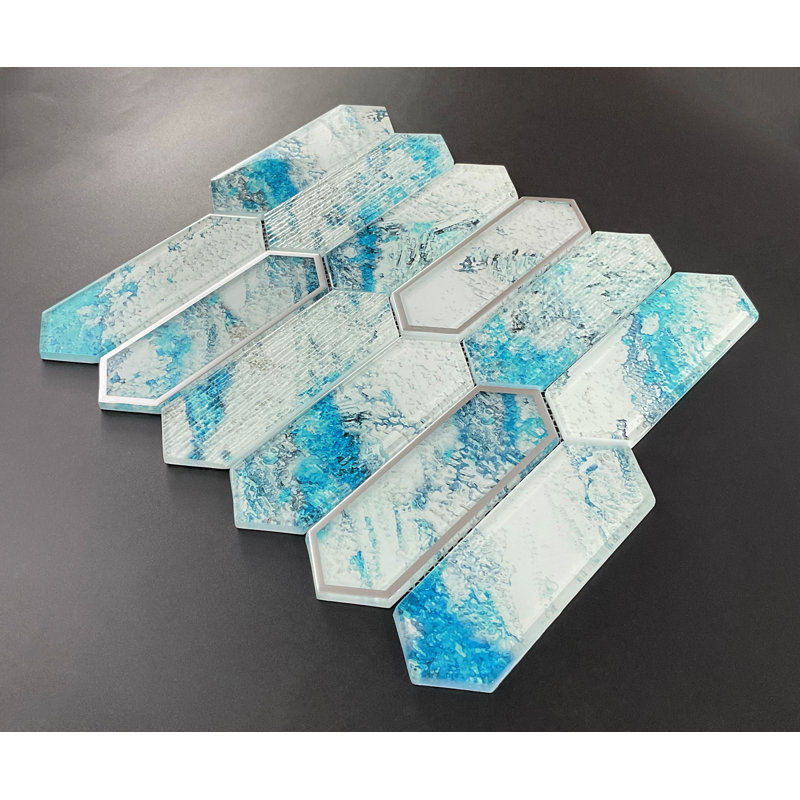 2" x 6" Glazed Glass Picket Mosaic Wall Tile, Aqua & Silver Glazed