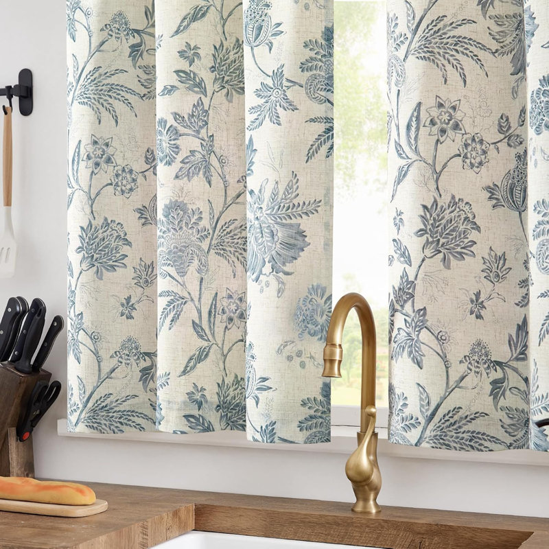 Linen Floral Kitchen Curtains Rod Pocket Tier Curtains, 26" W x 36" L, Blue