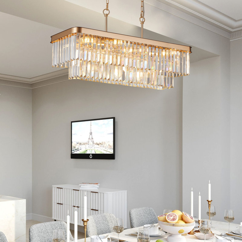 Chandeliers,Rectangular Crystal Chandelier Adjustable,E12 Modern Industrial Crystal Lights,Farmhouse Iron Ceiling Hanging Light For Kitchen Living Room Bedroom/Gold(Bulb Not Included)
