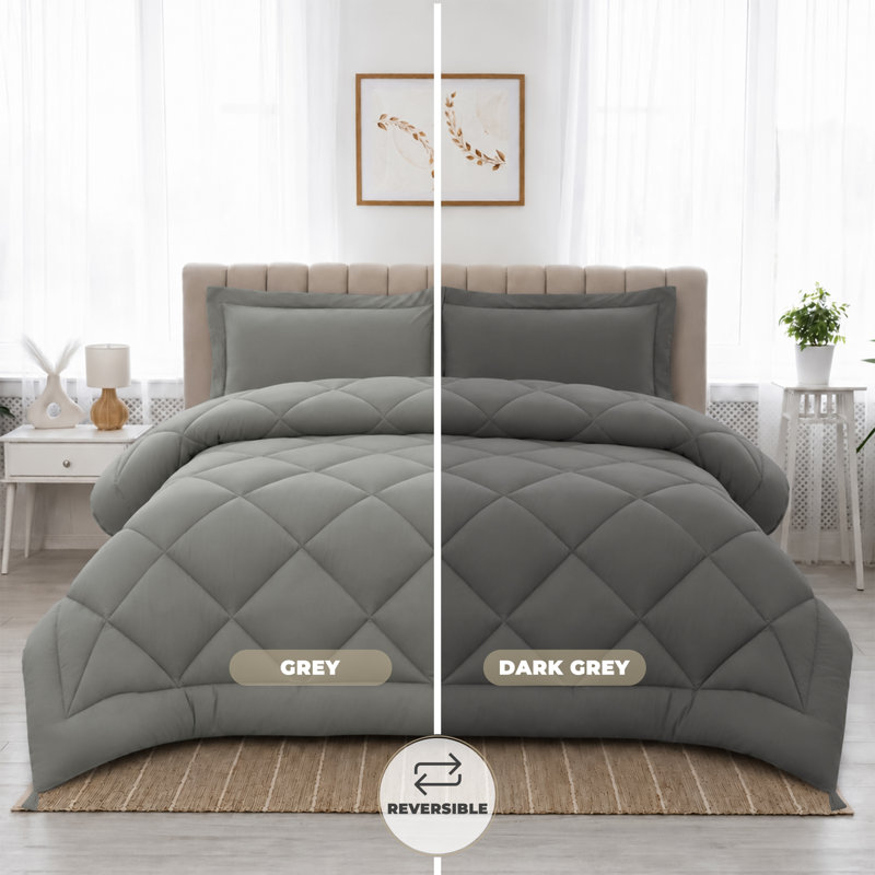 Down Alternative Microfiber Reversible Comforter Set - 3 Pcs All Season Diamond Pattern Comforter with Shams, Gray, Twin