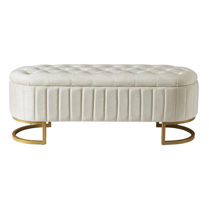 Elegant Upholstered Velvet Storage Ottoman With Button-Tufted,Storage Bench With Metal Legs For Bedroom,Living Room,Fully Assembled Except Legs,Beige