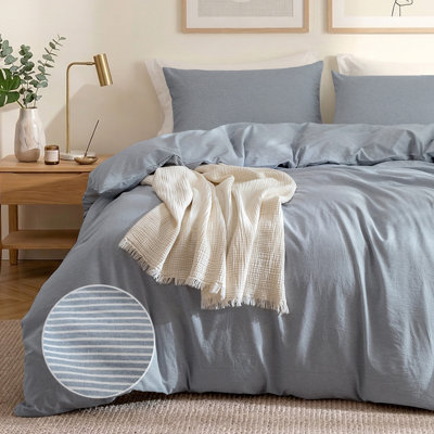 Housse de couette en coton doux avec de fines rayures subtiles - Léger, doux pour la peau, confort naturellement froissé pour la chambre à coucher