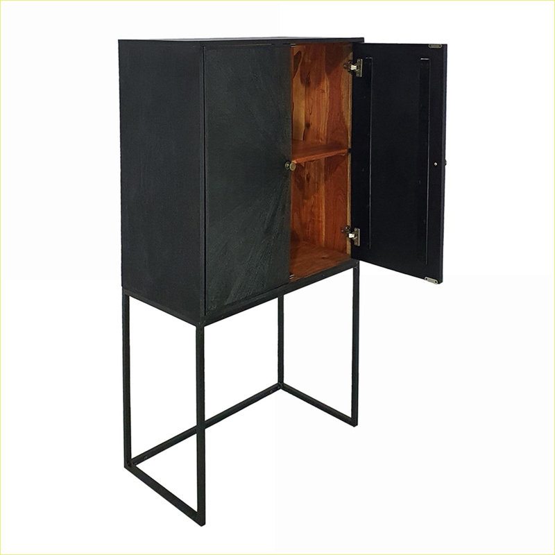 Cabinets, 2-Door Accent Cabinet with Storage &amp; Display, 31.5x16.5x60, Acacia Wood, Black | Modern | MDF+Iron,Solid Wood