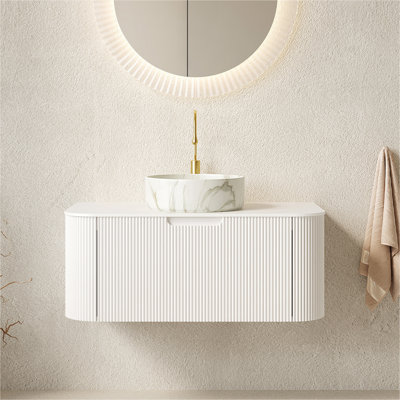 Meuble-lavabo et lavabo pour salle de bain 30 po, tiroir rayé à bords arrondis avec tiroir, lavabo rond en céramique avec motif en pierre et plateau en pierre frittée à motif de travertin, pré-assemblé, couleur grain de bois naturel