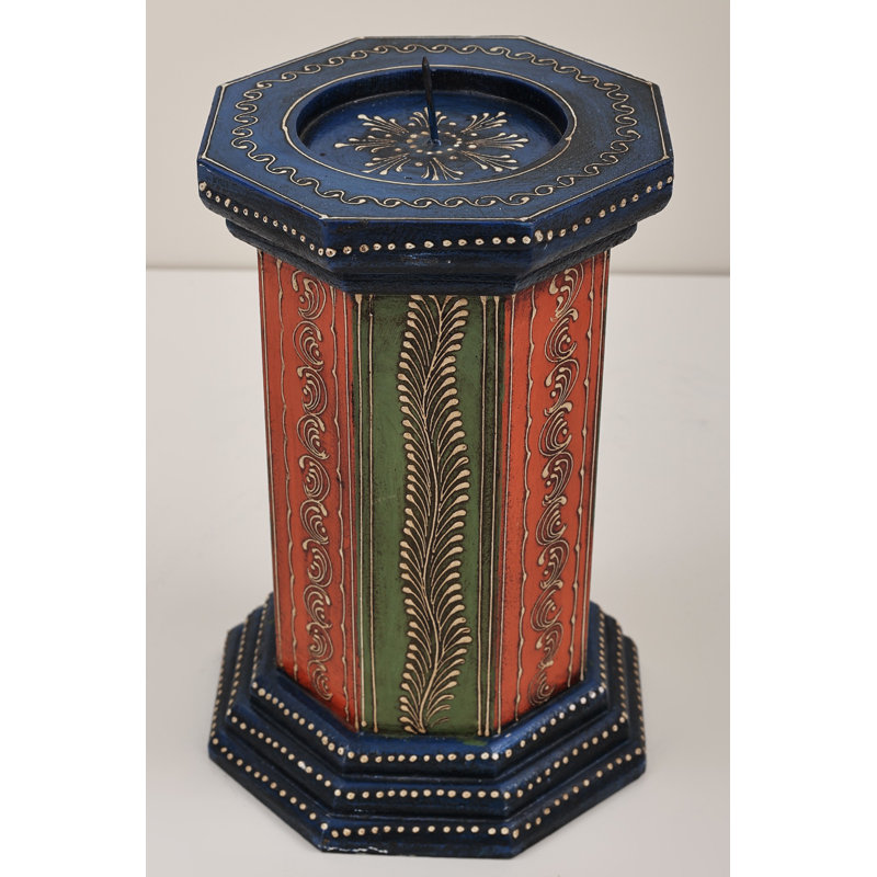 Porte-bougie décoratif en bois de manguier coloré 9 po - Support octogonal peint à la main pour décoration de table
