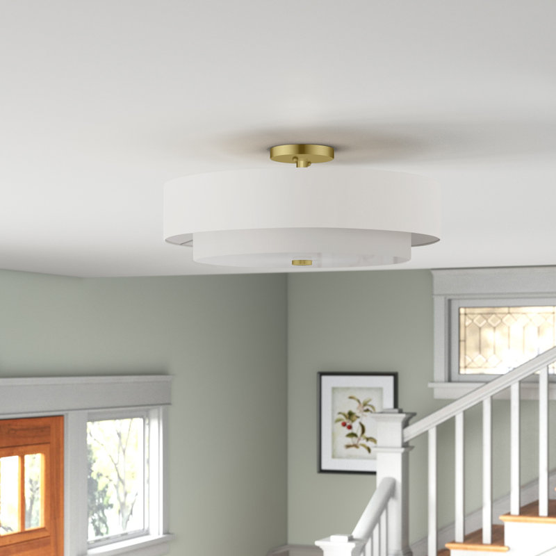 Plafonnier semi-encastré 5 lumières 22 po Flaire, Blanc cassé / blanc, Laiton satiné
