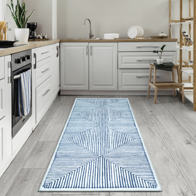  Tapis lavable antidérapant à rayures bleues / ivoires pour le salon, la chambre à coucher, la salle à manger et la cuisine