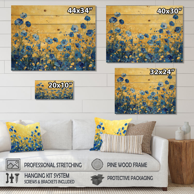 Blue Golden Wildflower Meadow Scenery III - Wildflowers Wood Wall Decor - On Natural Pine Wood, 24" H x 32" W x 0.78" D