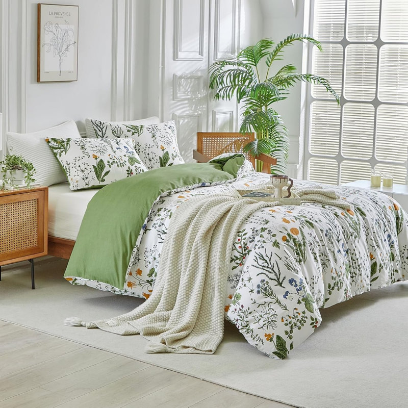 Floral Duvet Cover Set, Kingsize Duvet Cover + 2 Pillowcases, White/Green/Orange Floral