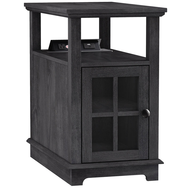 Boxley Tray Top End Table and Built-In Outlets, Dark Brown Top/Black Base