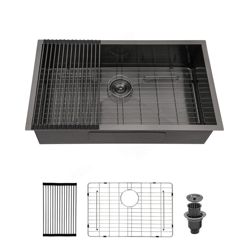 Évier de cuisine encastré à simple cuve 28 - 28 po x 18 po x 9 po en acier à canon noir de calibre 16 avec cuve profonde de 9 po