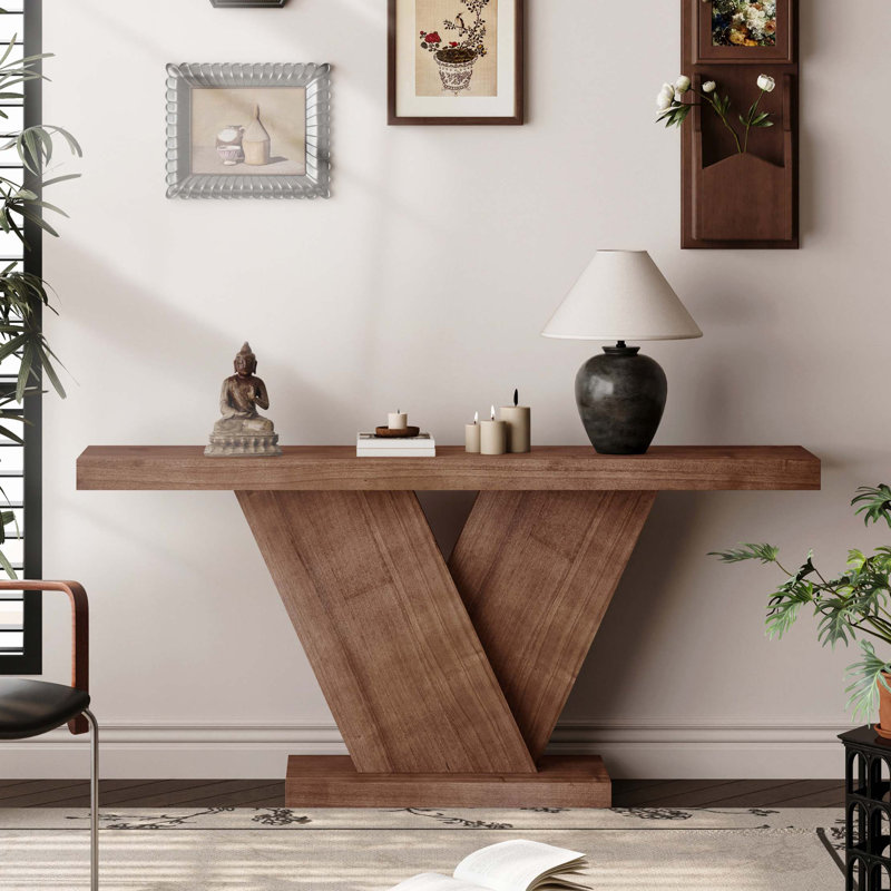 Console de style moderne 66 "à pieds en X, canapé d'entrée en placage de bois massif avec plateau large, table de couloir étroite de style Mid-Century pour petits espaces