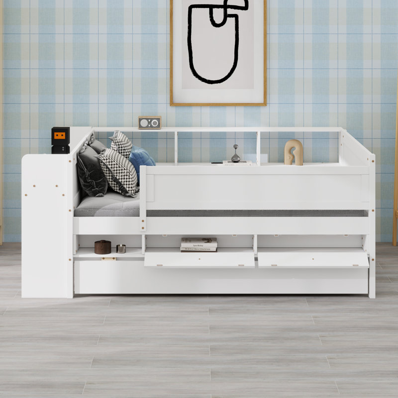 Lit de jour avec tiroirs, lit gigogne, rangement pour tête de lit et station de charge USB, Blanc