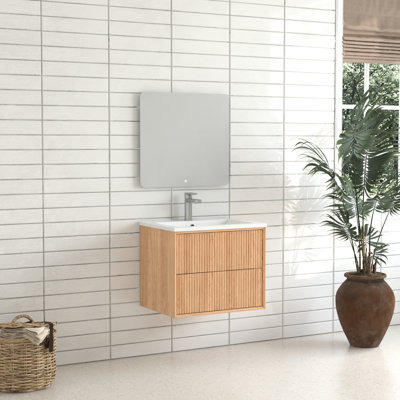 24'' Floating Solid Wood Bathroom Vanity, Wall Mounted With 2 Storage Drawers, Stain - White Resin Integrated Basin, American Design, 19.18 In Height Vanity ,