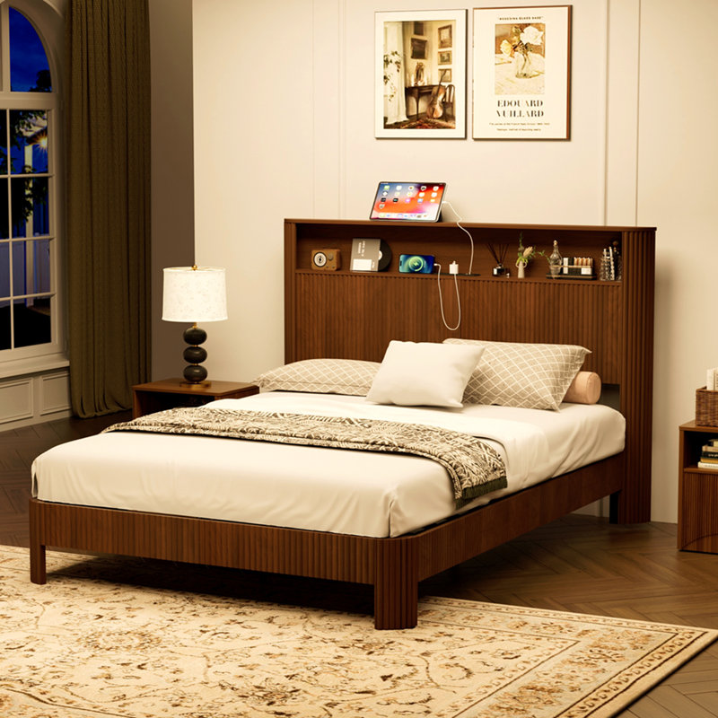 Queen Size bed frame with storage headboard, built-in charging station, wavy curved lines design, silent operation, metal support, Walnut