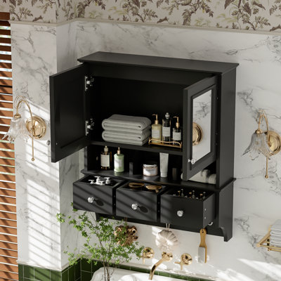 4-in-1 Bathroom Mirror Cabinet, 24-inch Wall Mounted Medicine Cabinet with 3 Drawers & Organizer Hooks, High-Define Mirrors with Storage for Bathroom Vanity, Black