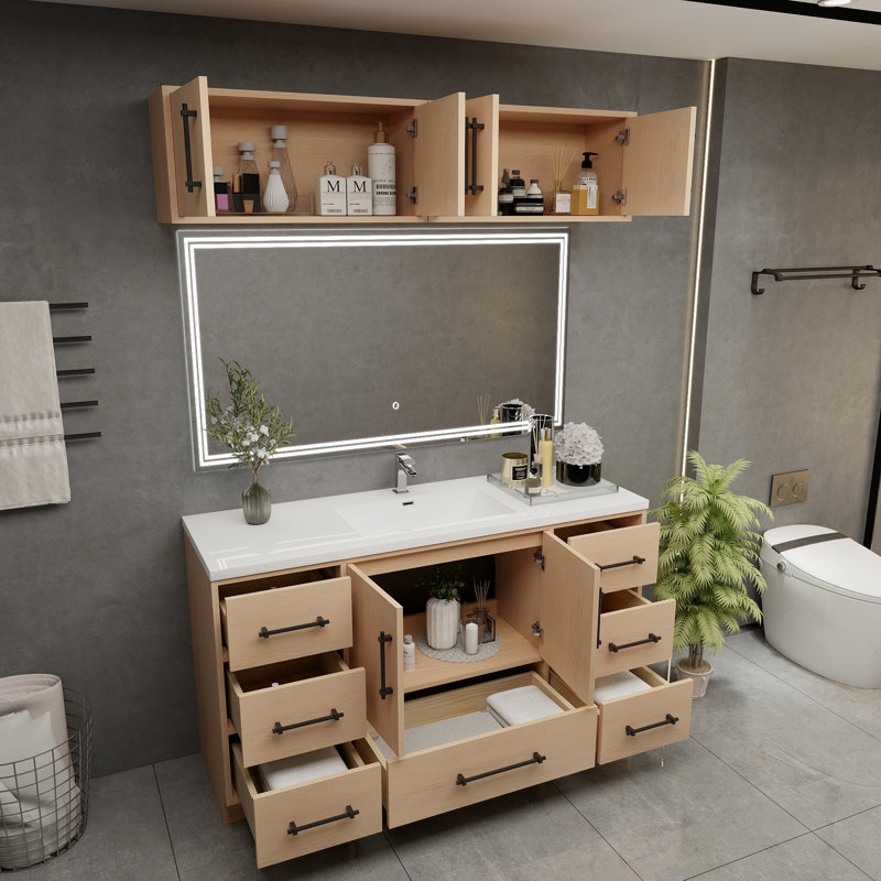 Victoria 60'' Freestanding Vanity with Single Reinforced Acrylic Sink + Top Cabinet, Yellow Oak