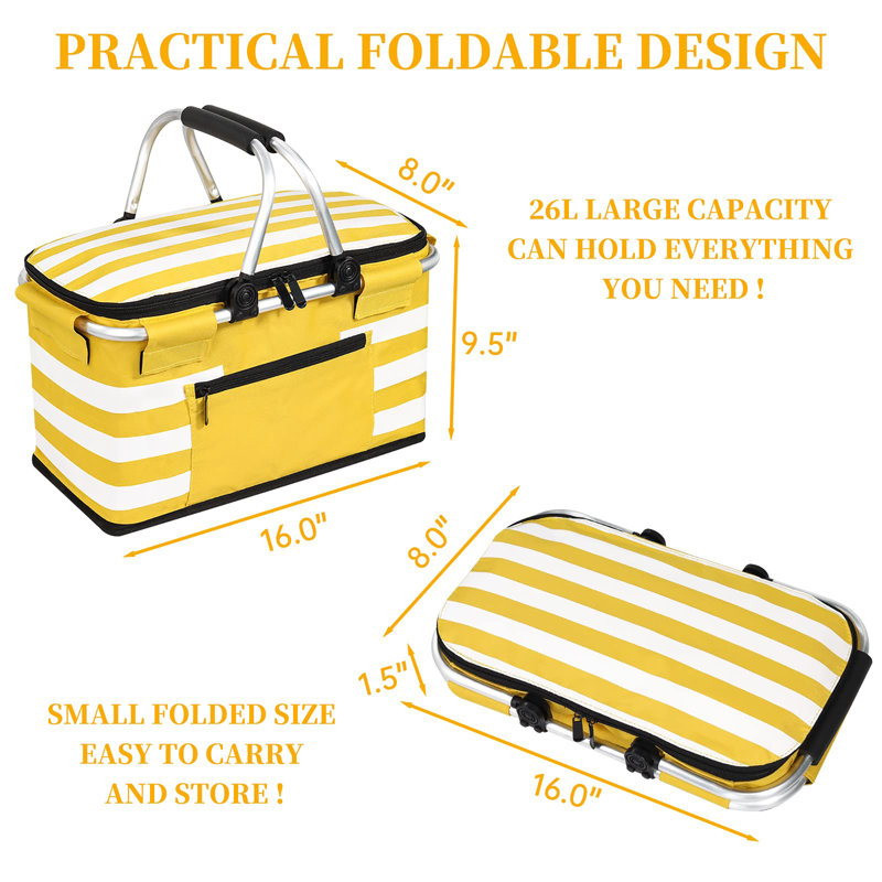 Panier isotherme pique-nique isolé, sac isotherme pliable, Jaune