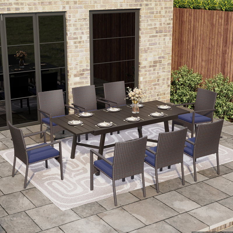 Alyah 8 - Person Patio Dining Set with Extendable Rectangular Table , Cushions Included