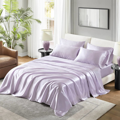 Collection de draps de luxe très grand satiné - froissé - opulence, ajustement de matelas jusqu'à 16 po, 1 drap plat, 4 taies d'oreiller ajustées, finition lisse, prévention des frisottis, confort, compatible, toucher, casse