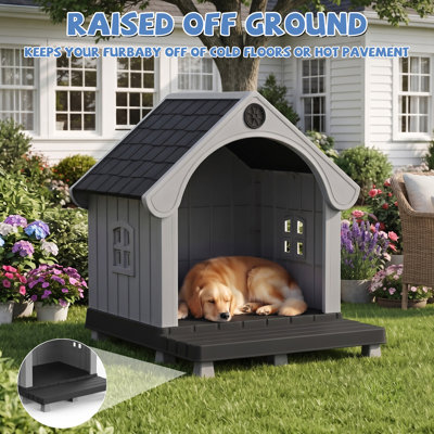 37.72"H Waterproof Resin Dog House With Covered Porch(Black)