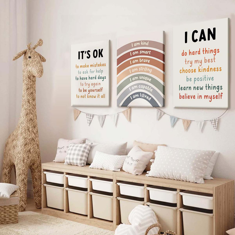40*30,3-Pcs Children's Motivational Quotes Canvas Framed Wall Art: I Am Kind And Brave Wall Decor Artwork., 40 cm H x 30 cm W