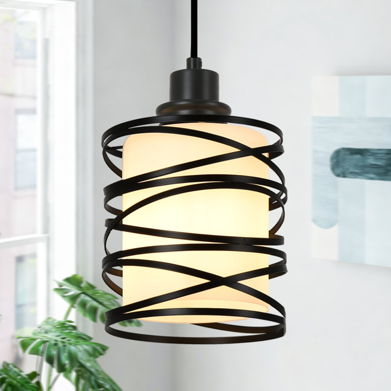 Yadah 1-Light 6.29" Swirl Cage Pendant Light Hanging Fixture for Kitchen Island, Matte Black, Frosted
