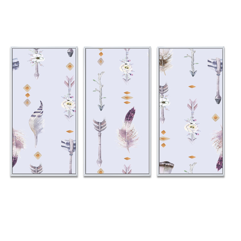 «Boho Tribal Feathers And Flower Arrows II», ensemble de 3 impressions sur toile flottante, H 32 po x l 48 po x P 1 po