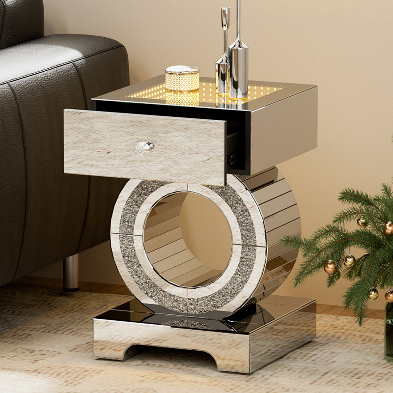 Mirrored End Table With Led Light, Mirrored Accent Nightstand With Drawer, Silver Crushed Diamond Side Table With O-shaped Base For Living Room, Bedroom And Office (remote Control Included)