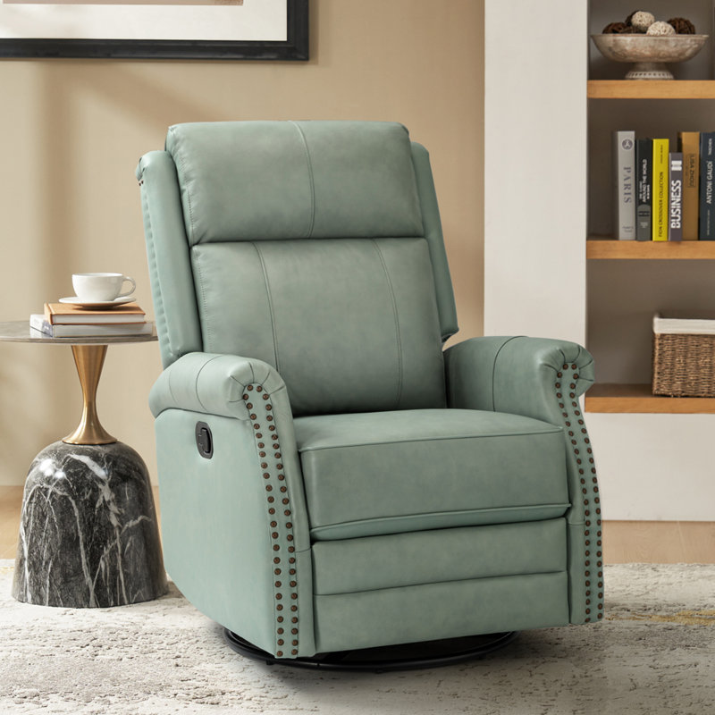 Anouschka 30.5" Wide Swivel Rocking Genuine Leather Manual Recliner, Sage Genuine Leather