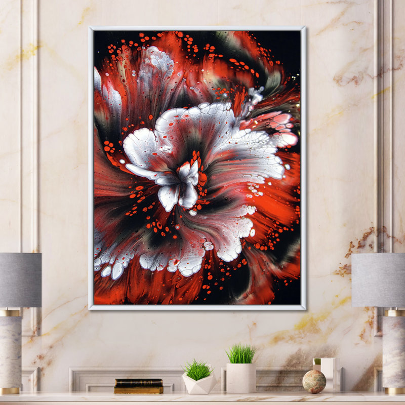 Rouge mélangé abstrait fluide - art mural moderne sur toile, L 12 po x H 20 po, Cadre flottant blanc