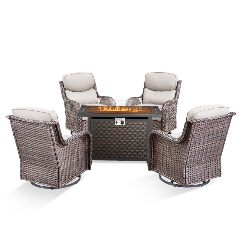 Wickes 5-Piece Patio Conversation Set With Rectangle Metal Fire Pit Table, 4 Outdoor Swivel Gliders With 6" Thick Cushions