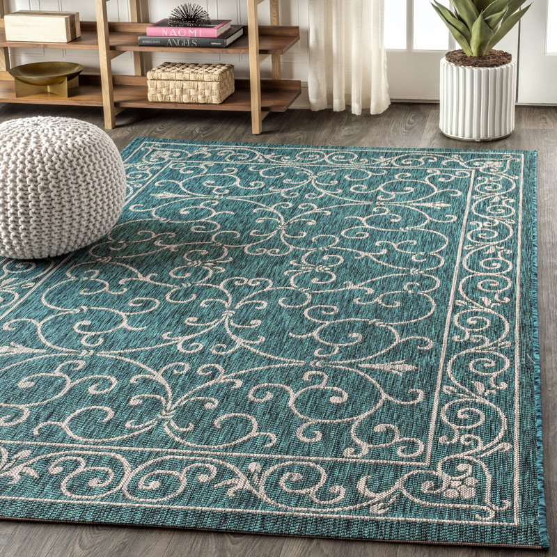 Hagerman Vintage Filigree Textured Weave Teal/Gray Indoor/Outdoor Rug, Octagon 5'3"